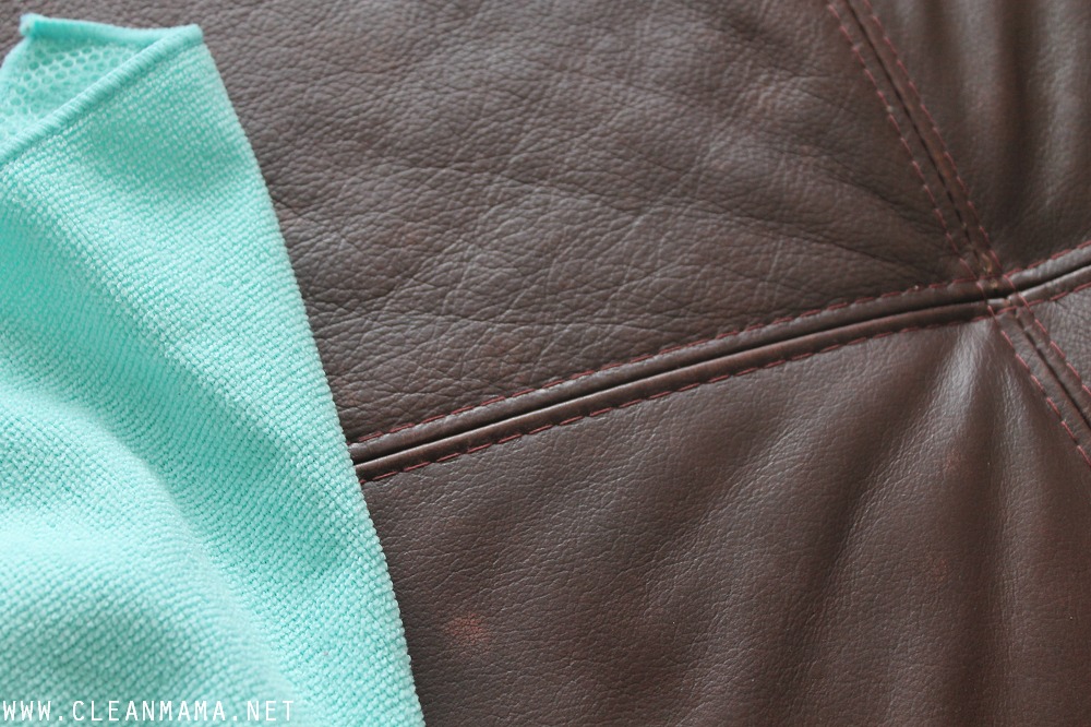 Use a barely damp  cloth with castile soap on leather furniture via Clean Mama